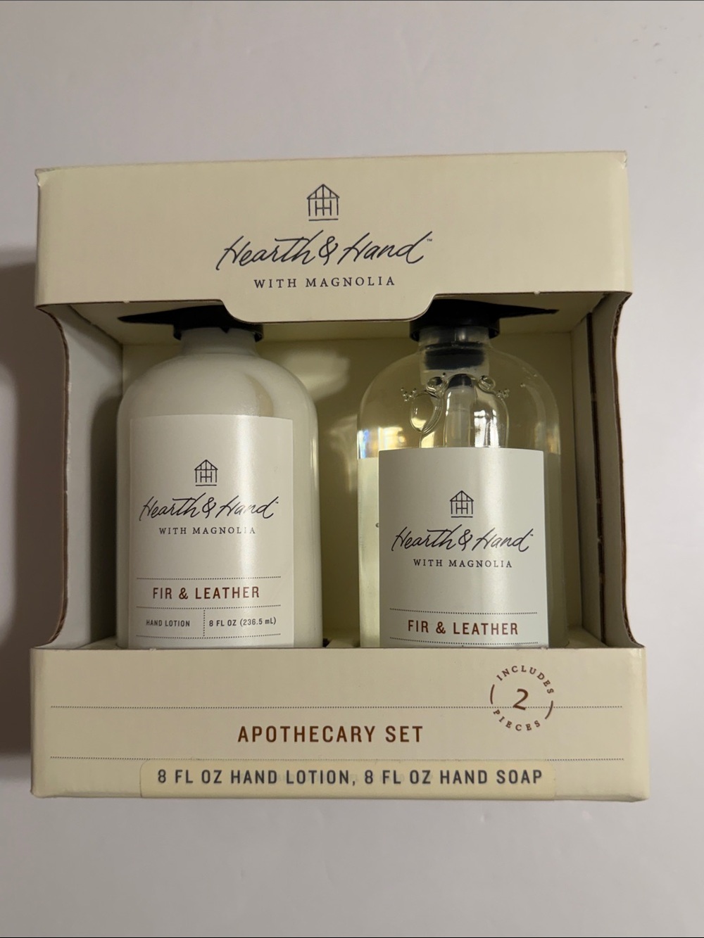 Hearth & Hand Magnolia Fir & Leather Hand Soap and Lotion Set 8oz Plus 8 oz